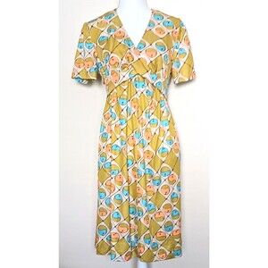 VTG 60s Mod Chartreuse Aqua Print Knee Length Dress Tie Back Sz S/M